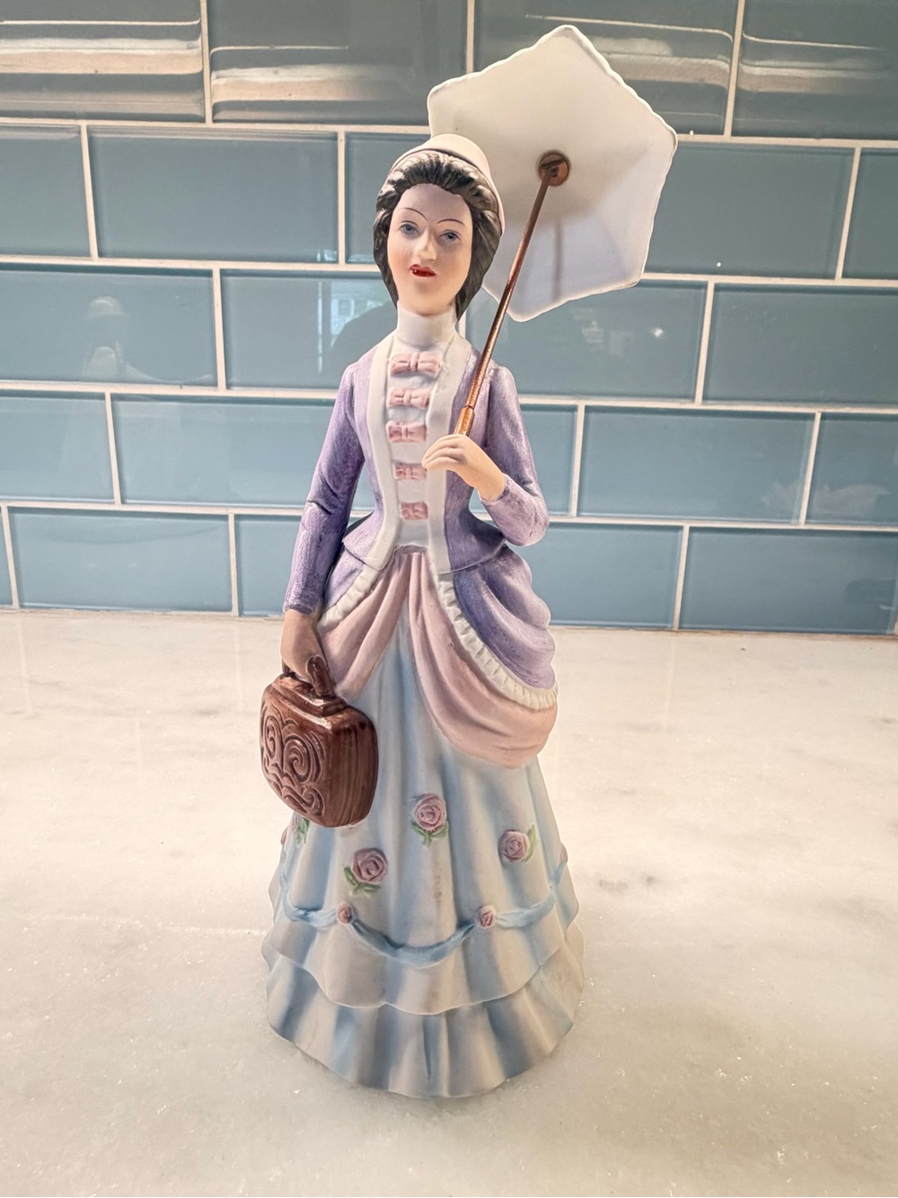 Avon Pastel Lavender and Pink Victorian Lady Figurine with Parasol